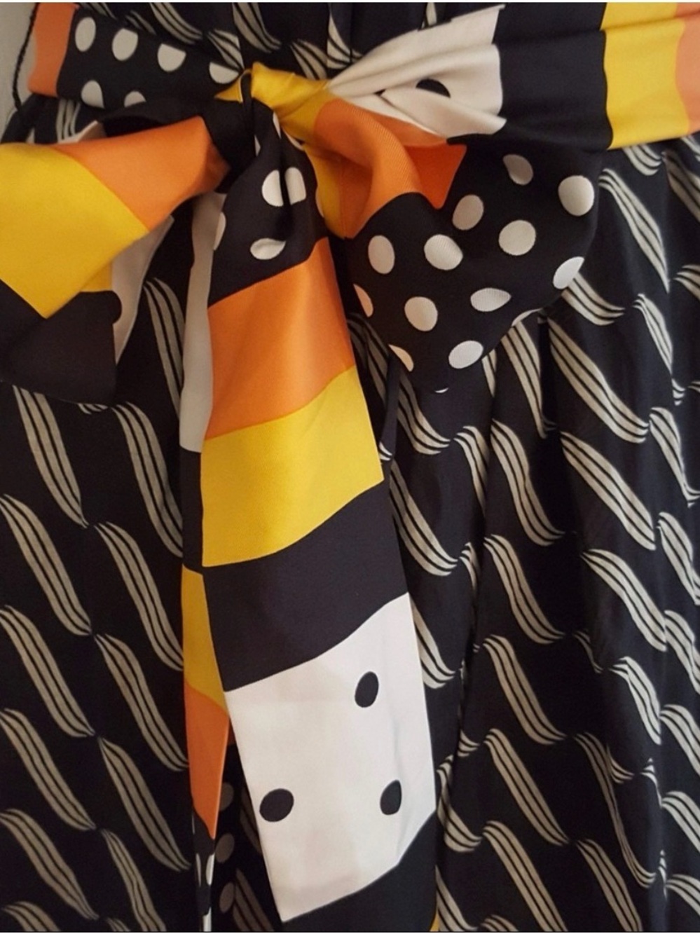 Maeve Black Patterned Mini Dress with Orange Accent Sash - Picture 5 of 6
